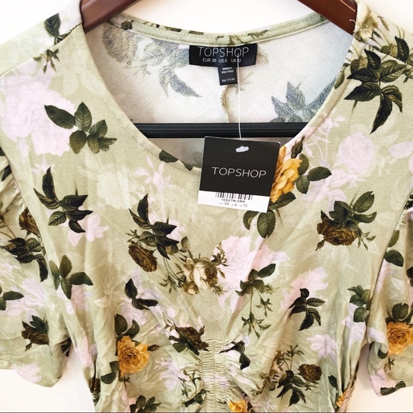 Topshop Asymmetrical Rushed Floral Green Dress NWT - Picture 5 of 7